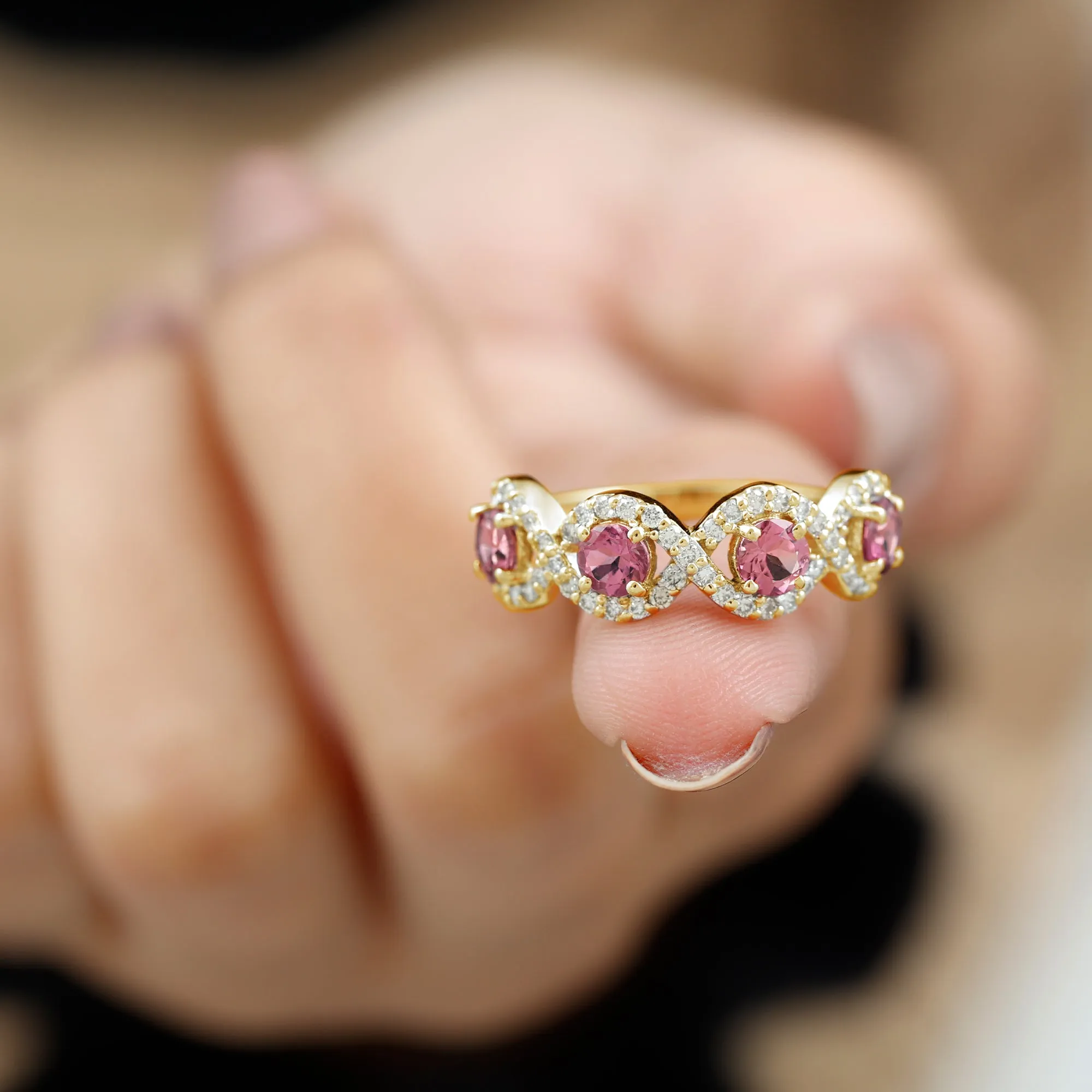 Pink Tourmaline Infinity Half Eternity Band Ring with Diamond