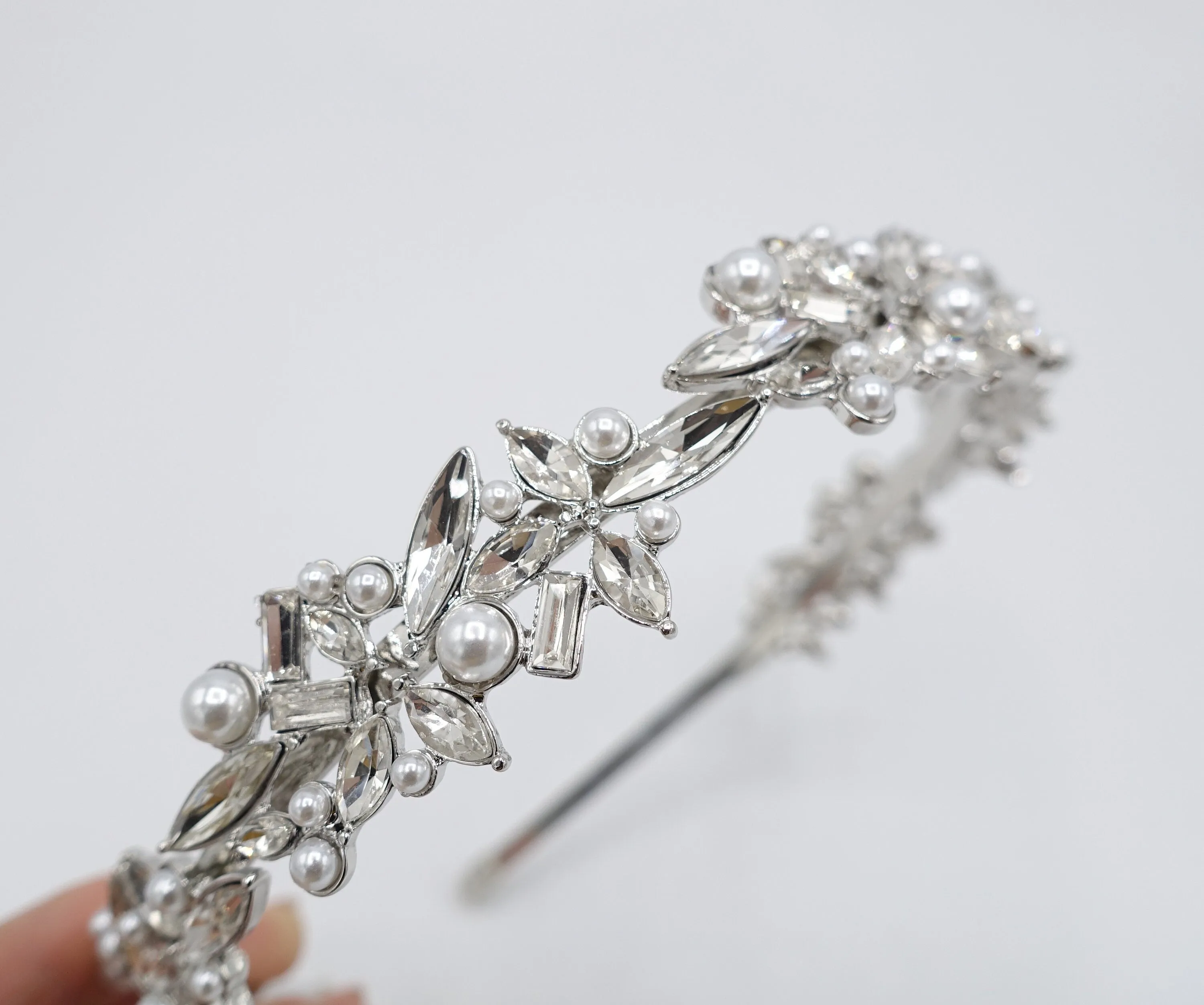 pointed petal pearl headband rhinestone metal thin headband flower event hair accessory for women