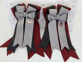 PonyTail Bows- Cabernet/Black Glitter/Silver