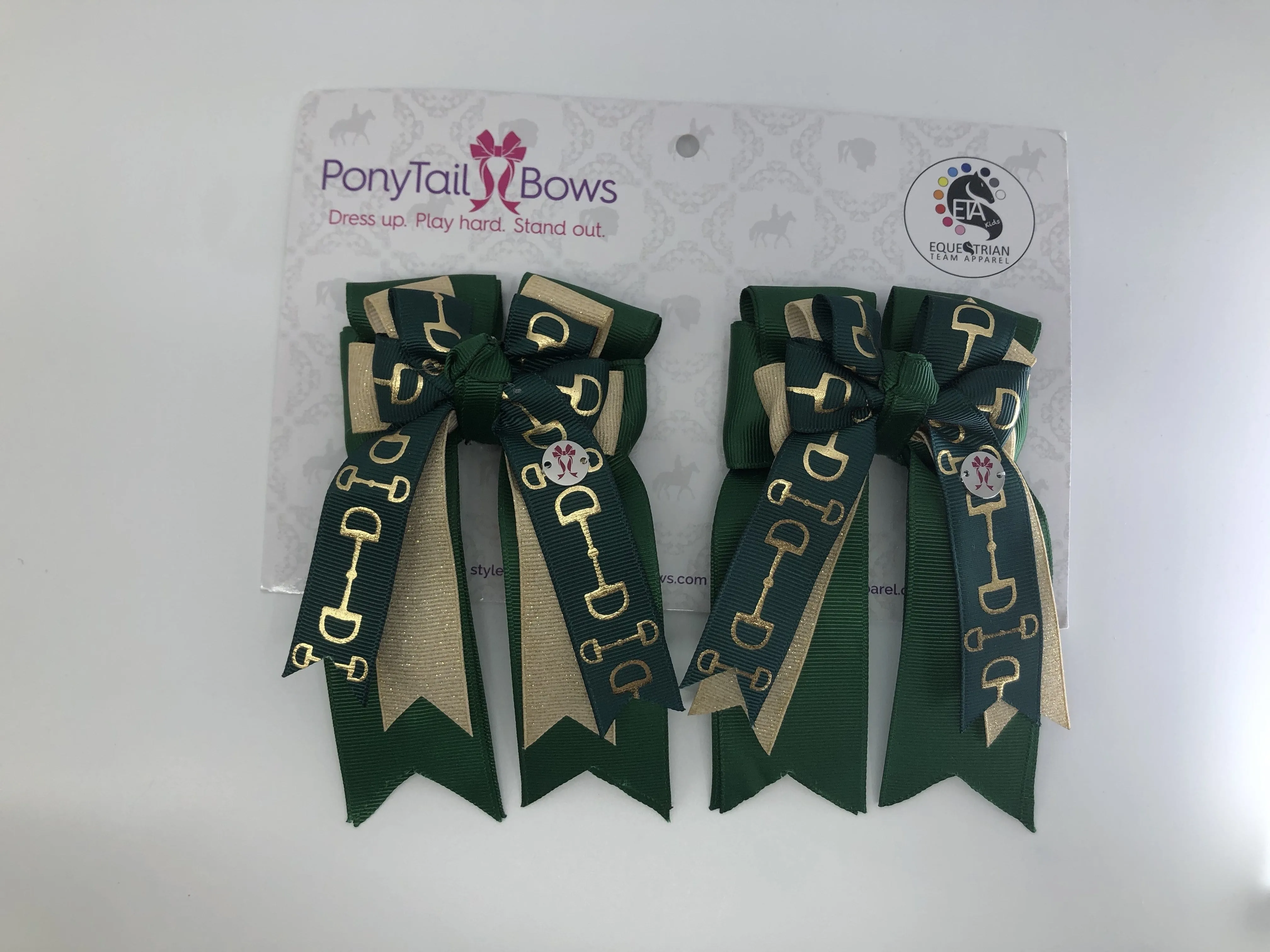 PonyTail Bows- Hunter Green Gold Bits