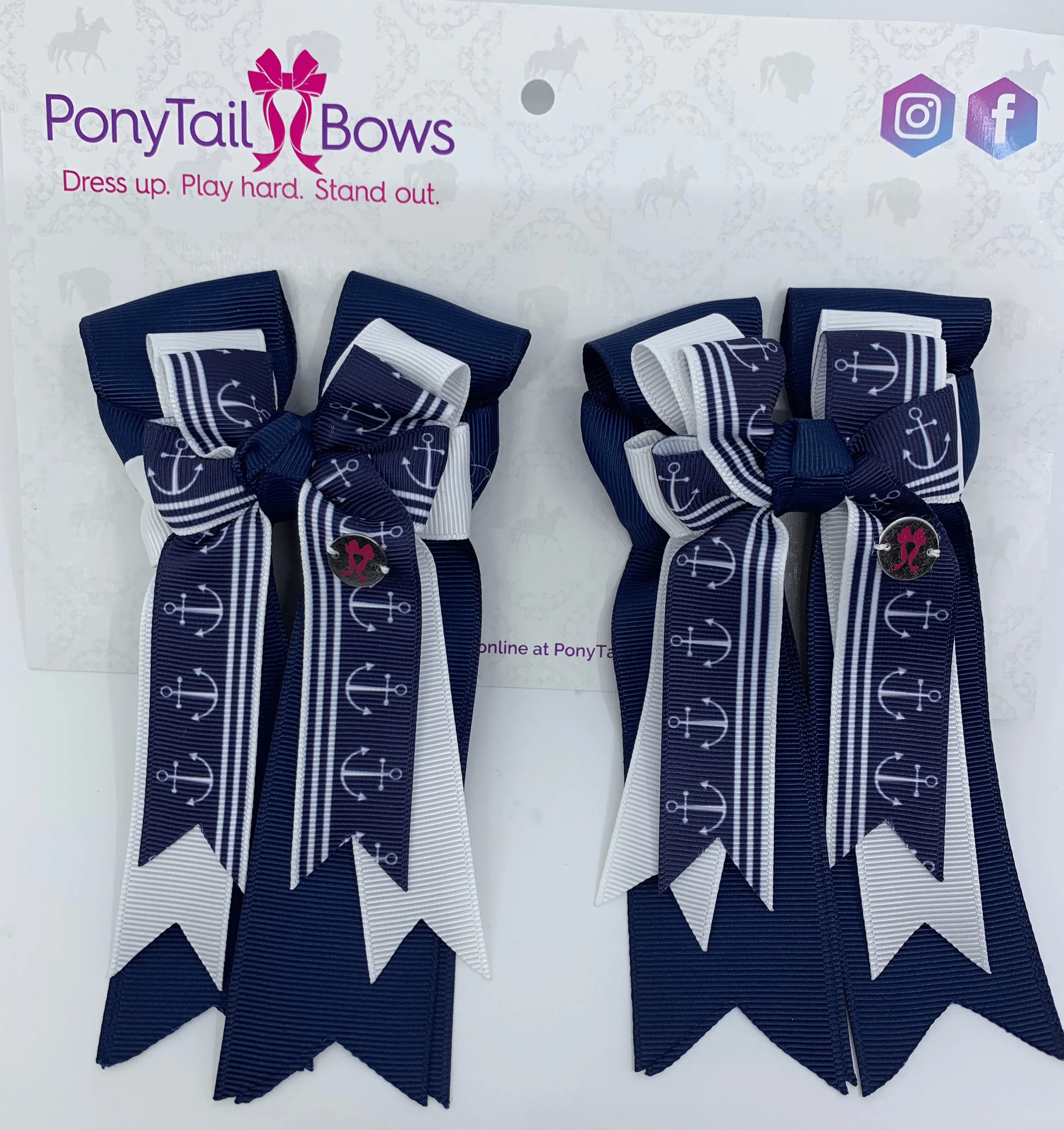 PonyTail Bows- Navy White Pinstripe Anchors