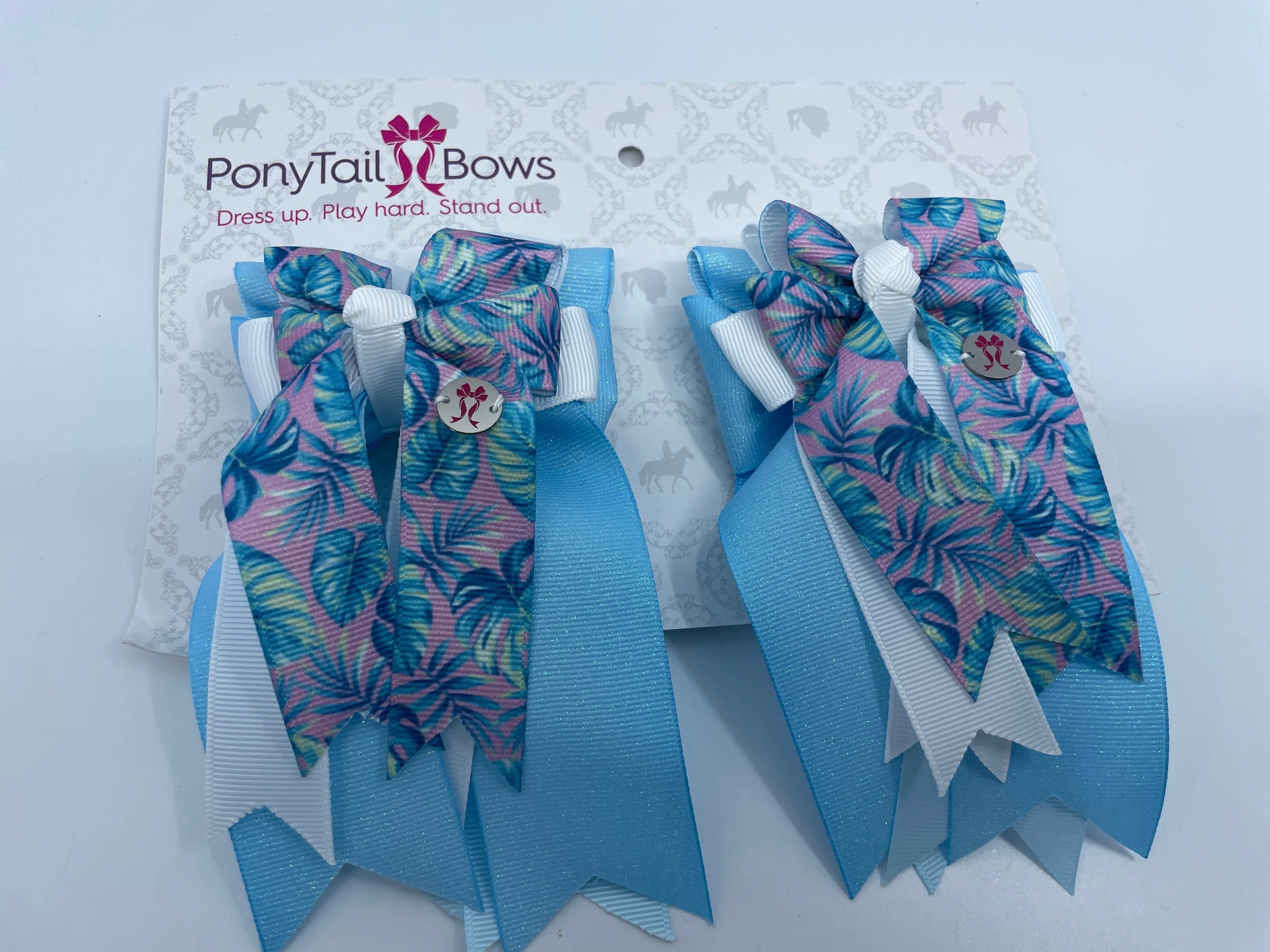 PonyTail Bows- Palm Trees Pastel Baby Blue