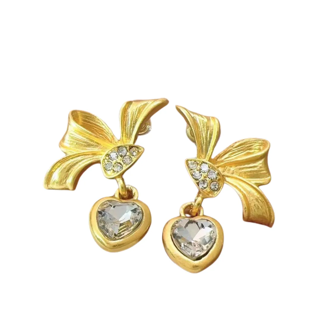 Pre Order:  Vintage Bow Heart-Shaped Rhinestone Earrings