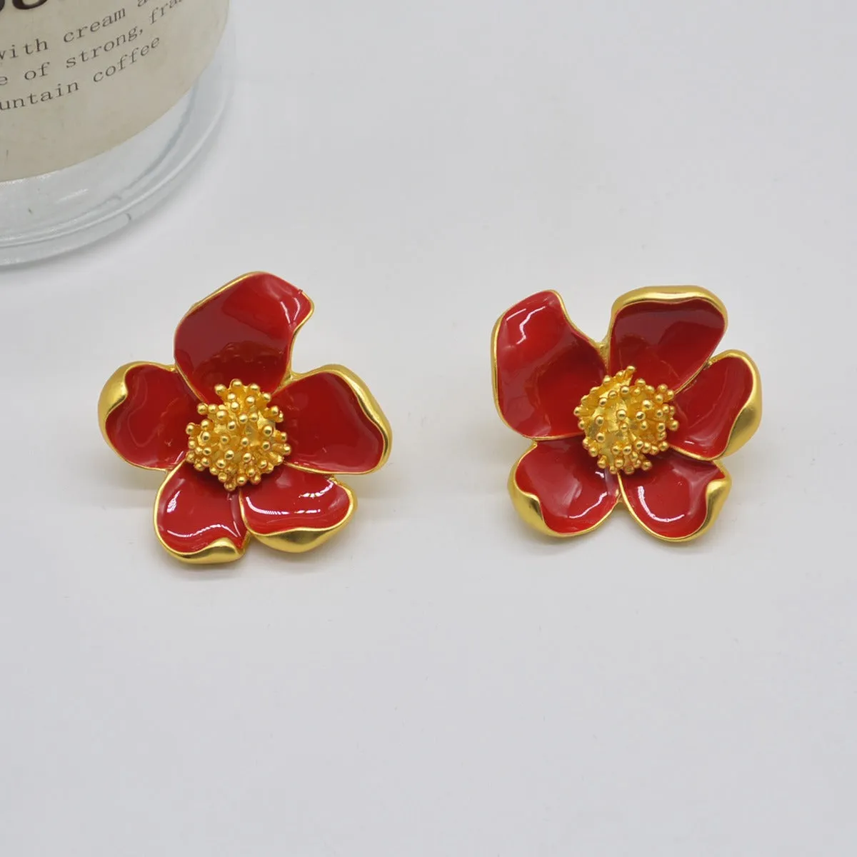 Pre Order:  Vintage Red Drip Oil Flower Earrings