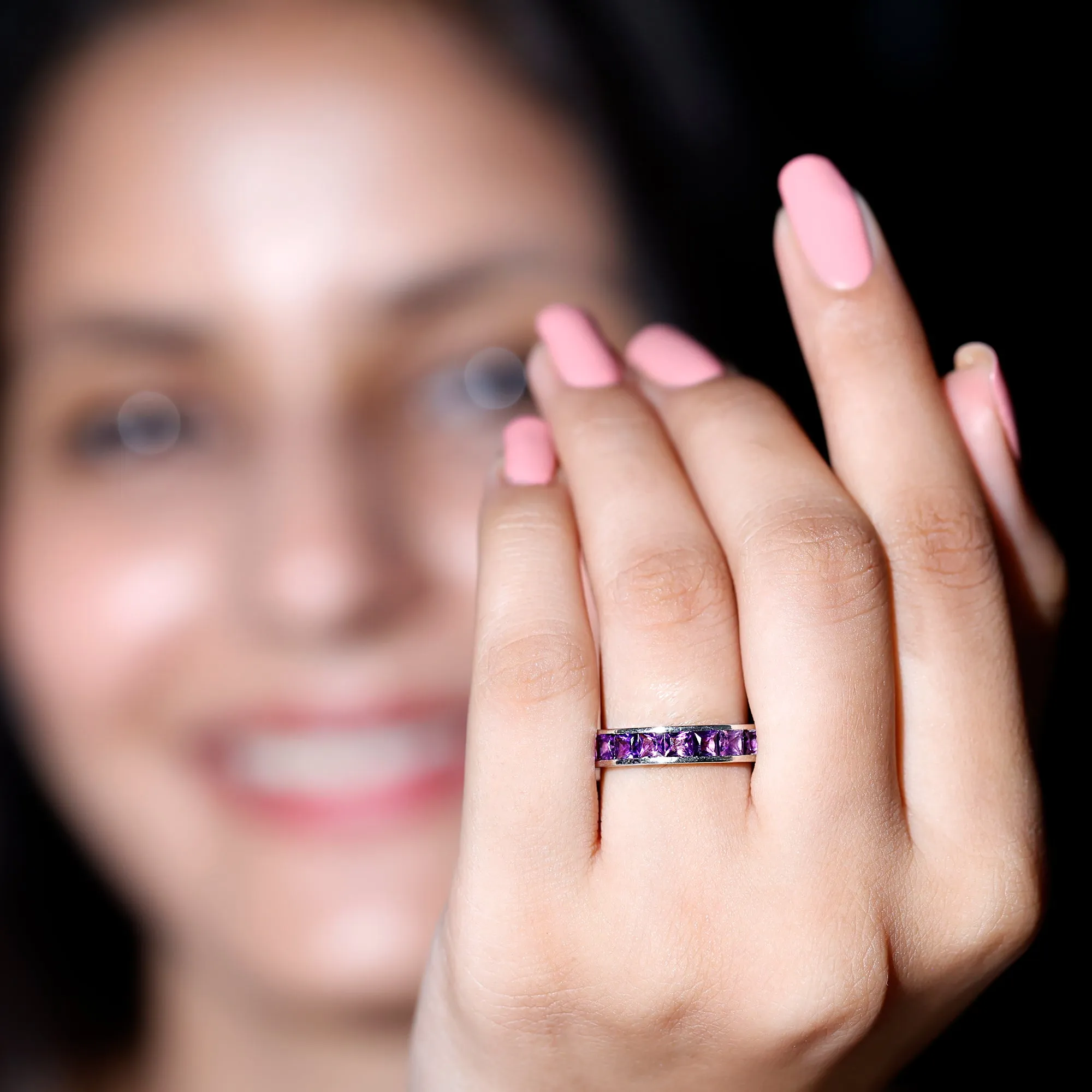 Princess Cut Amethyst Full Eternity Band Ring in Channel Setting