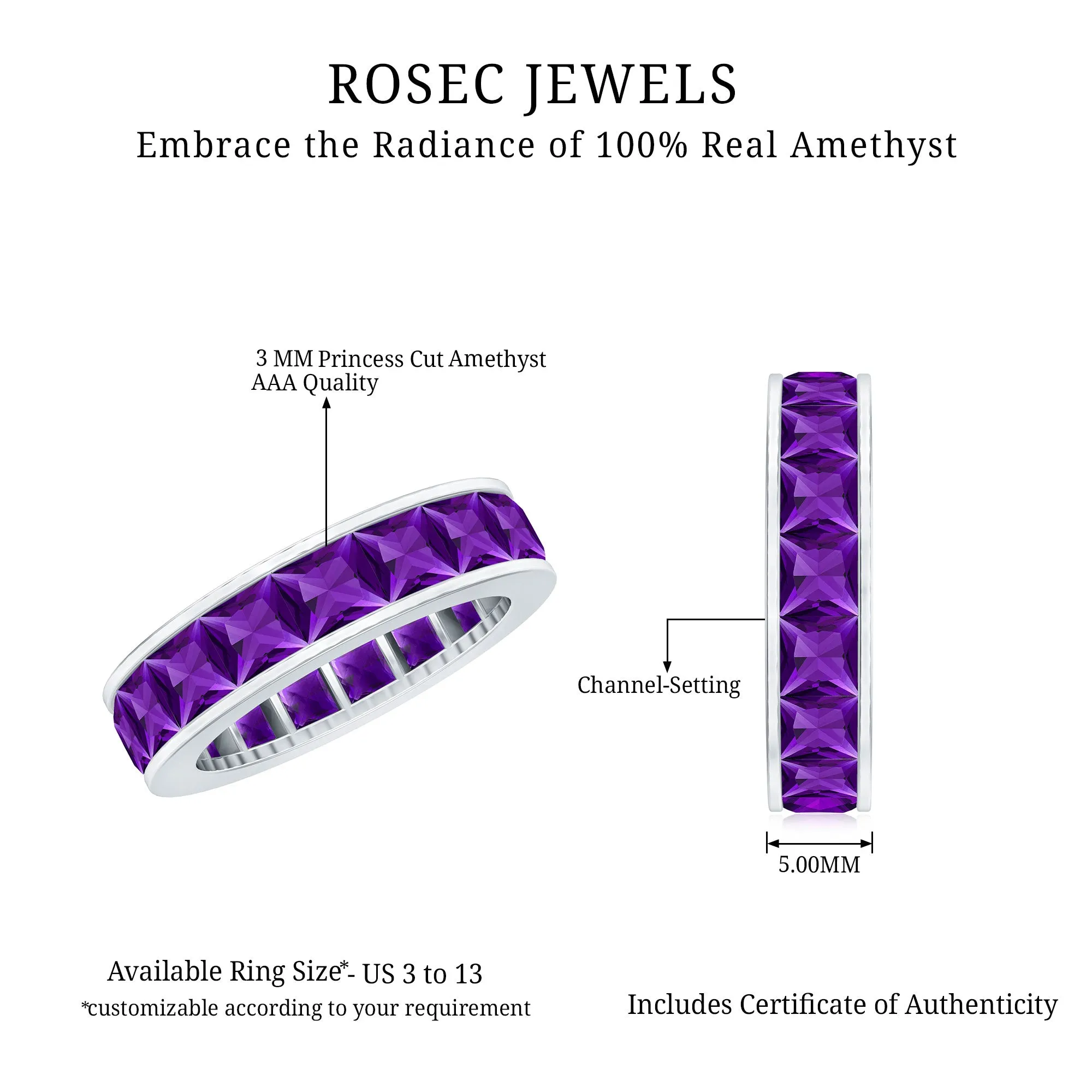 Princess Cut Amethyst Full Eternity Band Ring in Channel Setting