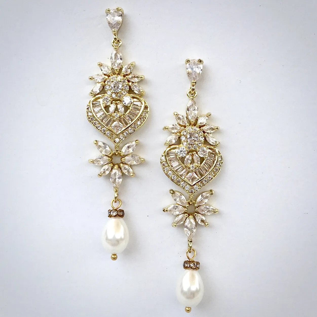 "Eudora" - Art Deco Pearl and CZ Bridal Earrings - Available in Silver, Rose Gold and Yellow Gold