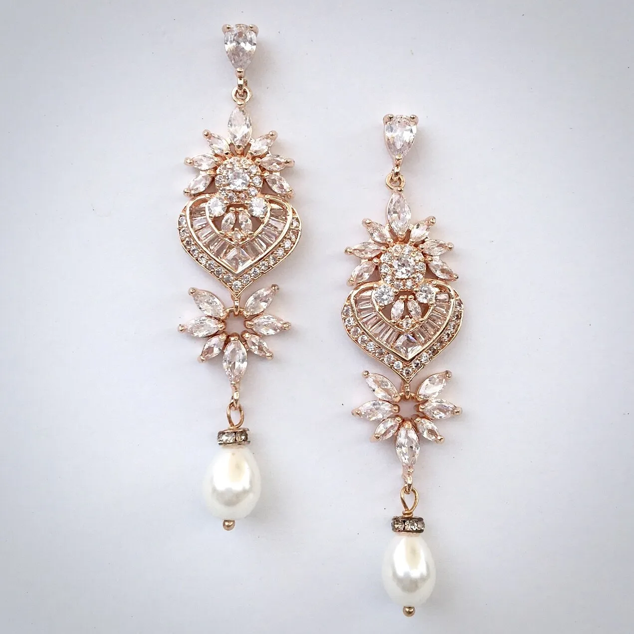 "Eudora" - Art Deco Pearl and CZ Bridal Earrings - Available in Silver, Rose Gold and Yellow Gold