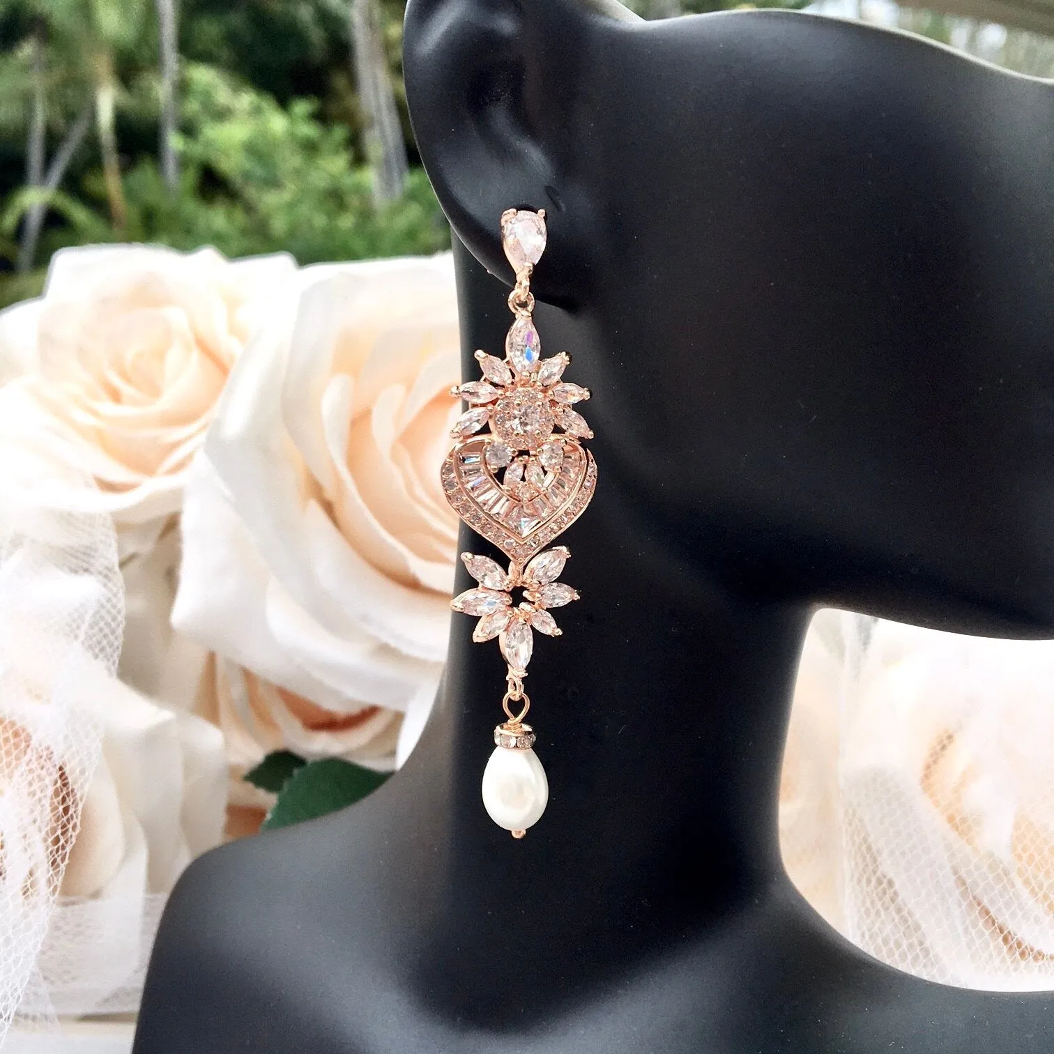 "Eudora" - Art Deco Pearl and CZ Bridal Earrings - Available in Silver, Rose Gold and Yellow Gold