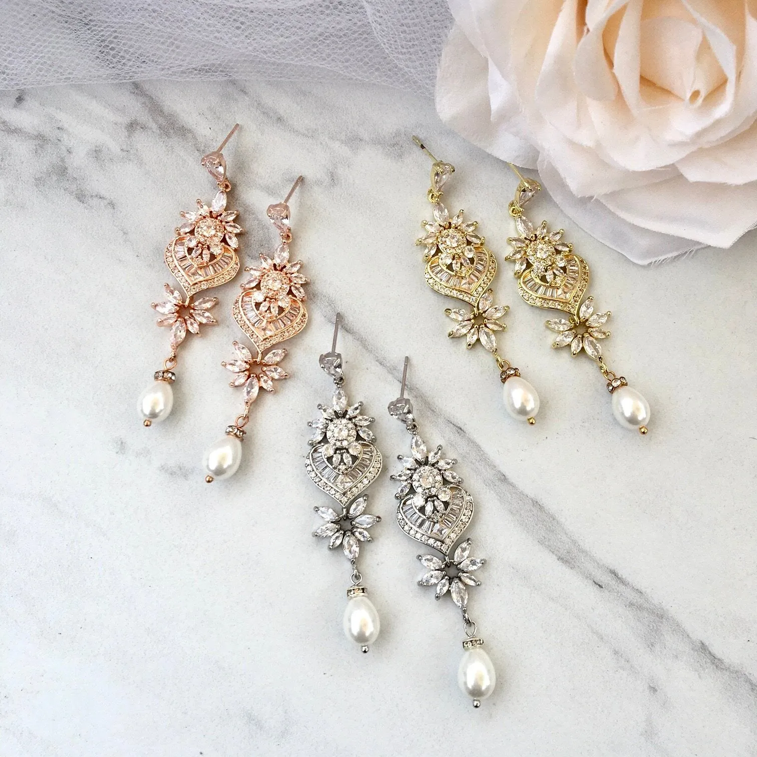 "Eudora" - Art Deco Pearl and CZ Bridal Earrings - Available in Silver, Rose Gold and Yellow Gold