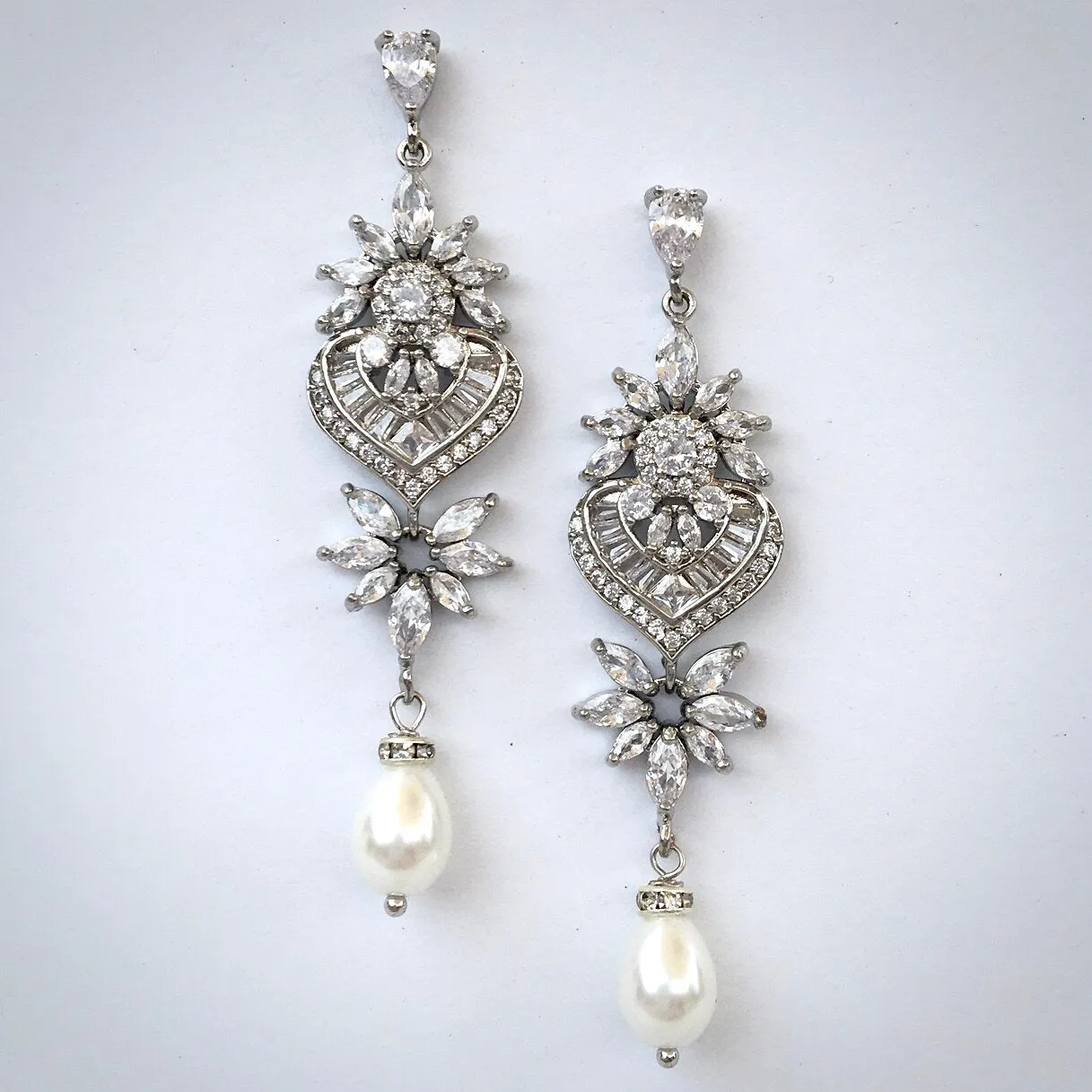 "Eudora" - Art Deco Pearl and CZ Bridal Earrings - Available in Silver, Rose Gold and Yellow Gold