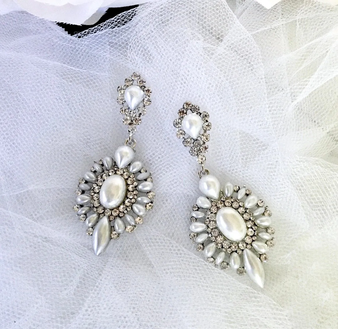 "Jeannine" - Pearl and Rhinestone Bridal Earrings