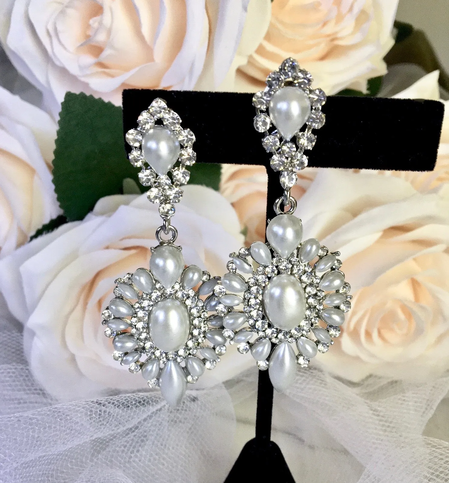 "Jeannine" - Pearl and Rhinestone Bridal Earrings