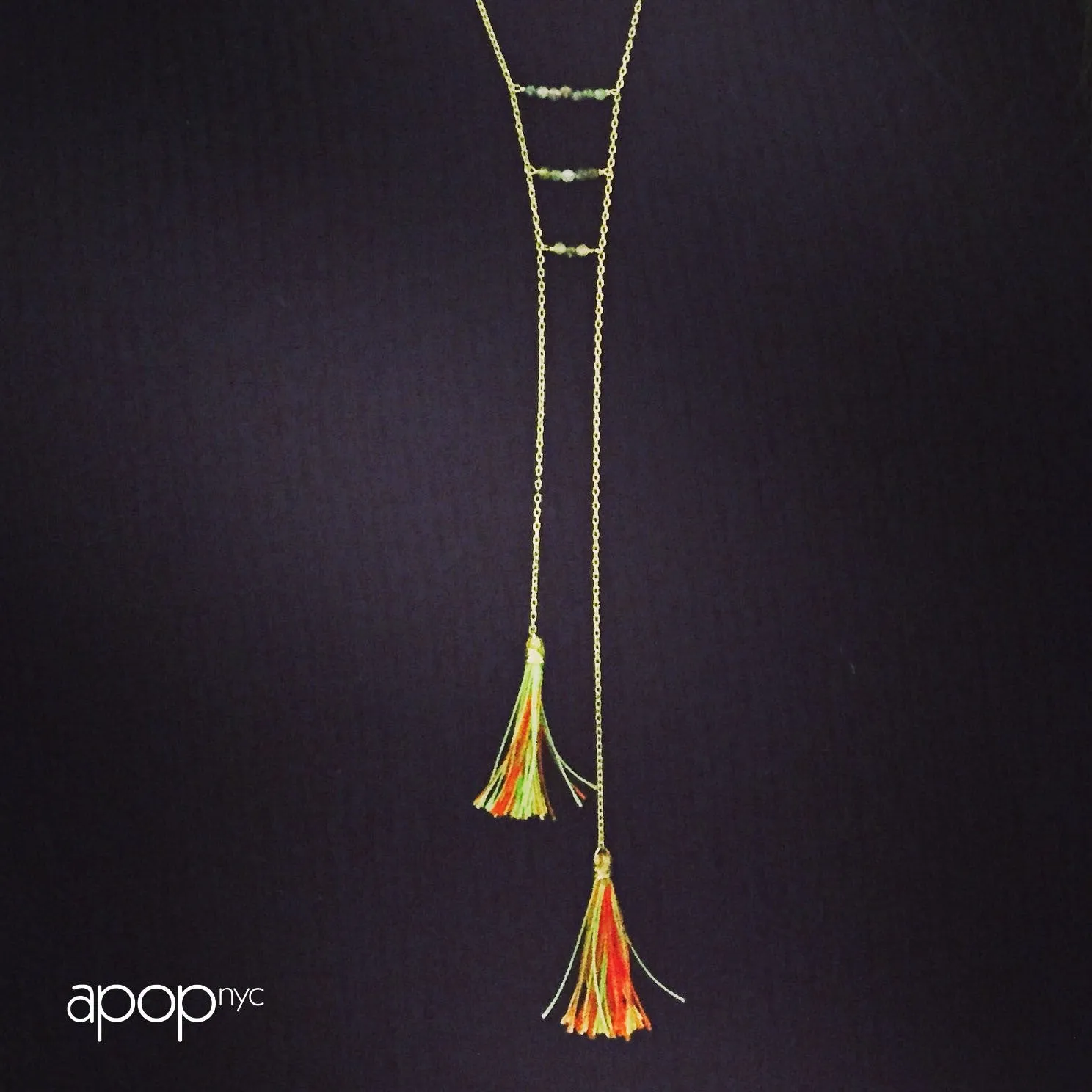 "Kiwi" Gold-Dipped Tourmaline Tassel Lariat Necklace