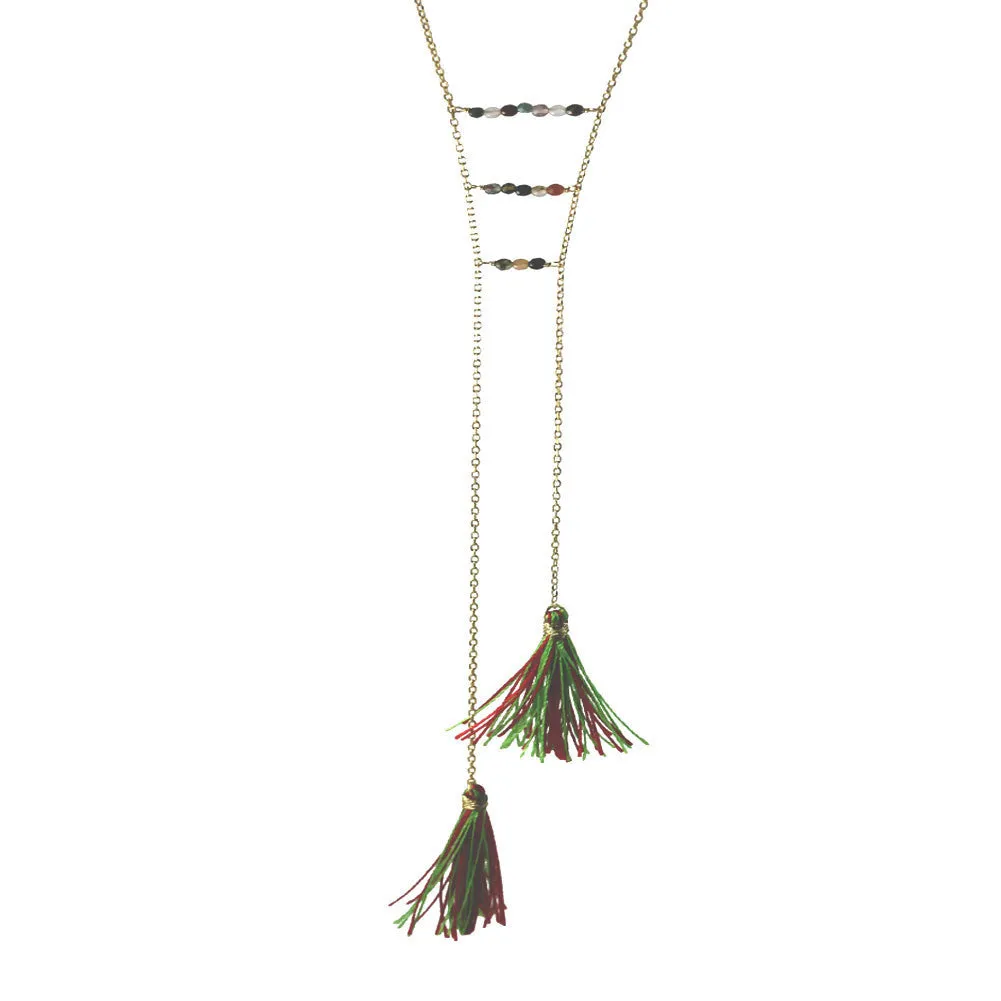 "Kiwi" Gold-Dipped Tourmaline Tassel Lariat Necklace