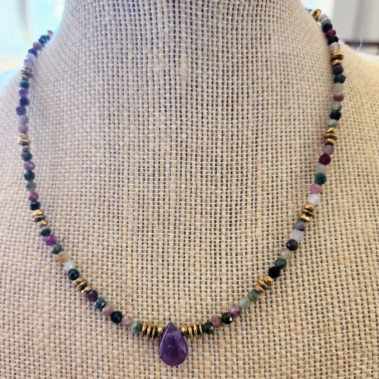 RAINBOW CALM - TOURMALINE / AMETHYST TEAR DROP GOLD NECKLACE