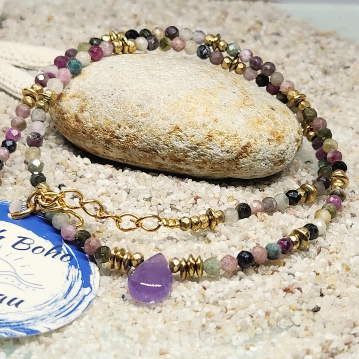 RAINBOW CALM - TOURMALINE / AMETHYST TEAR DROP GOLD NECKLACE