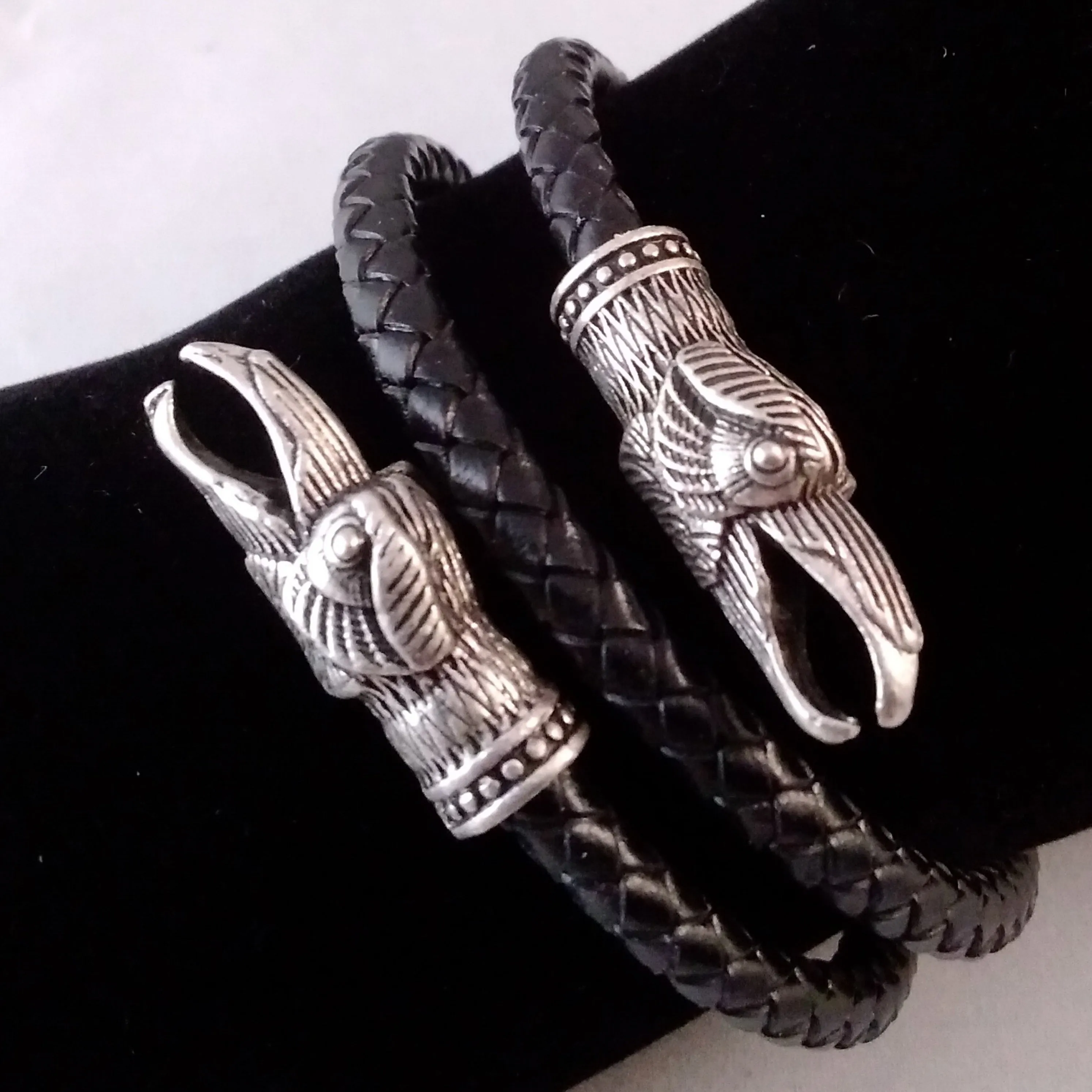 Raven Bracelet Torc Arm Ring Silver Black Leather