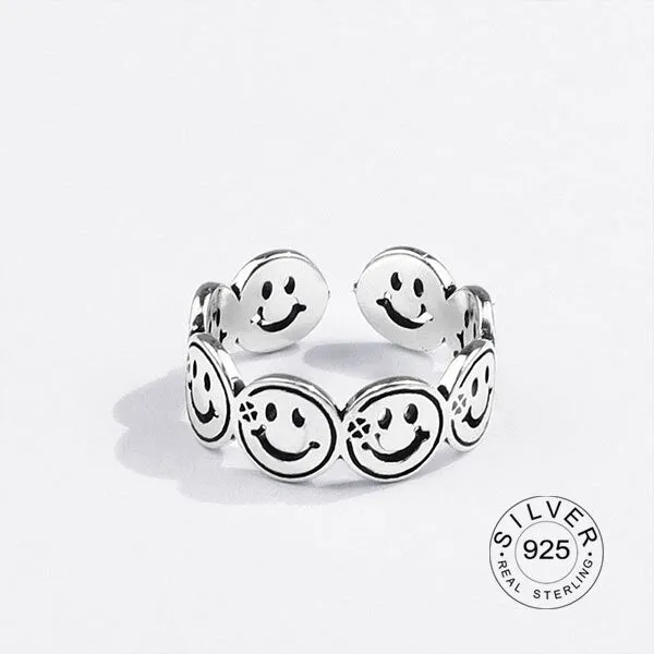 Real 925 sterling silver finger rings for women yellow smile face Trendy fine Jewelry Large Adjustable Antique Rings Anillos