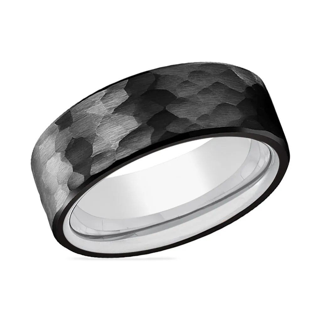 RIDER | Silver Ring, Black Tungsten Ring, Hammered, Flat