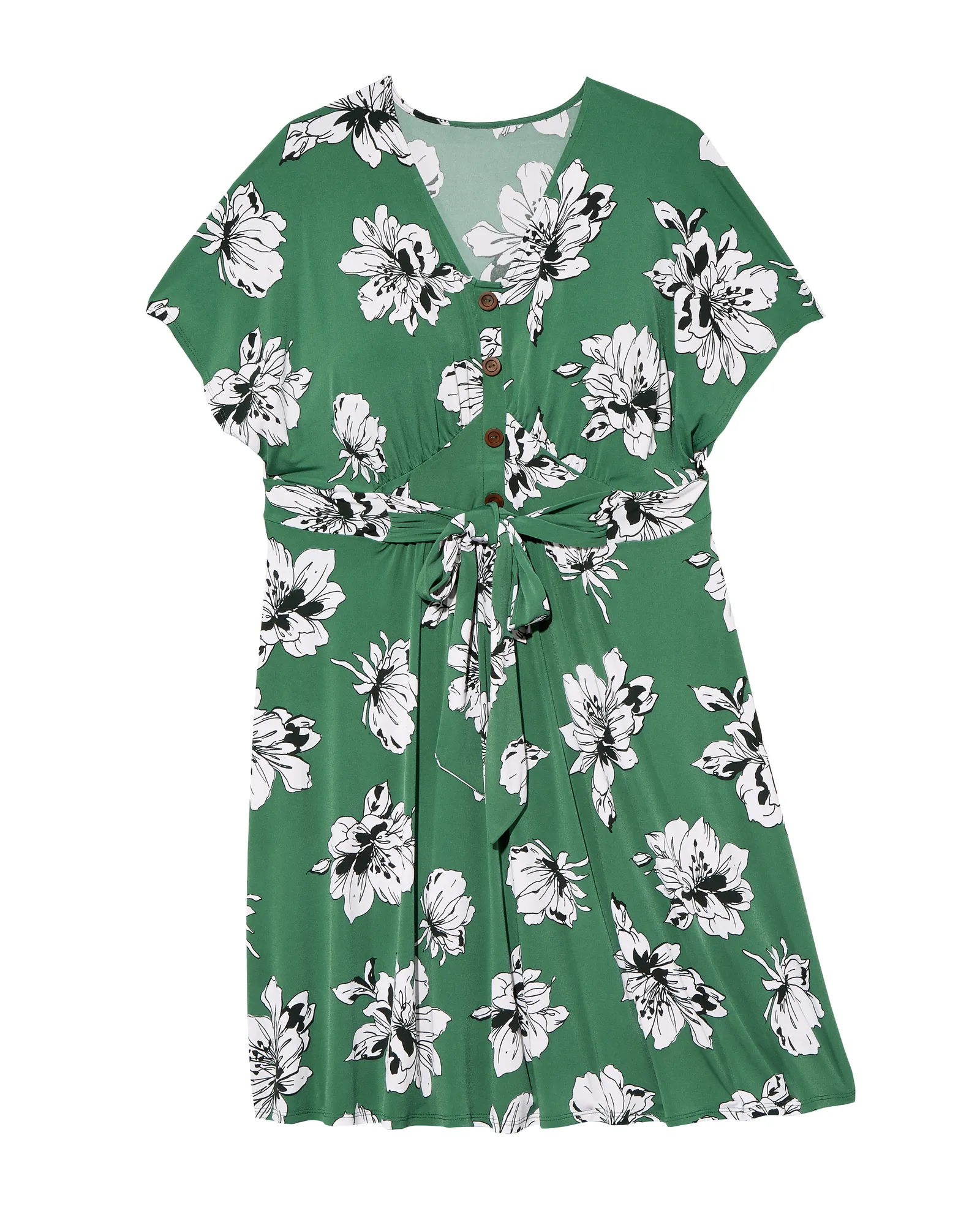 Roseville Button Front Flare Sleeve A-line Dress | Kelly Green / White