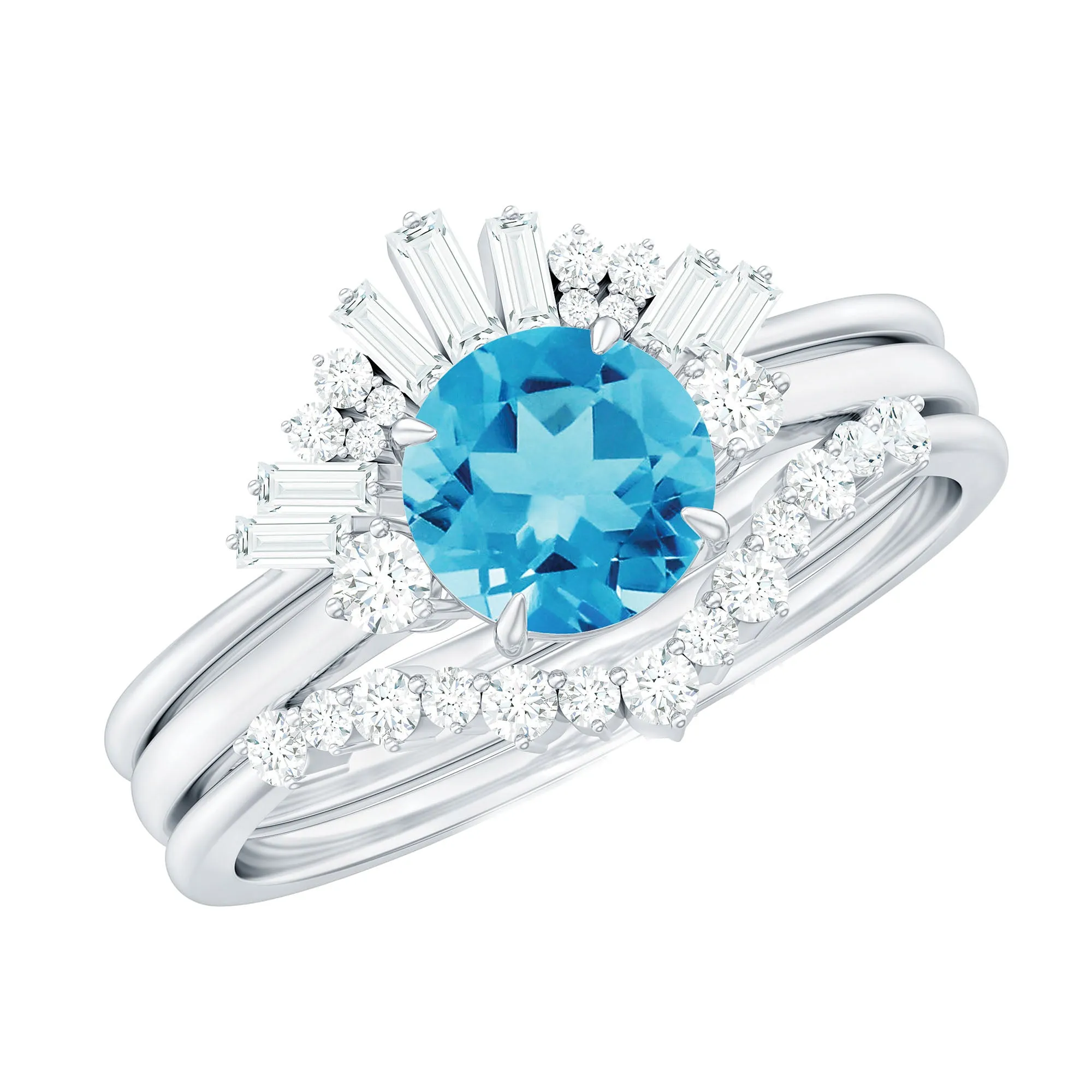 Round Swiss Blue Topaz Designer Trio Wedding Ring Set with Diamond