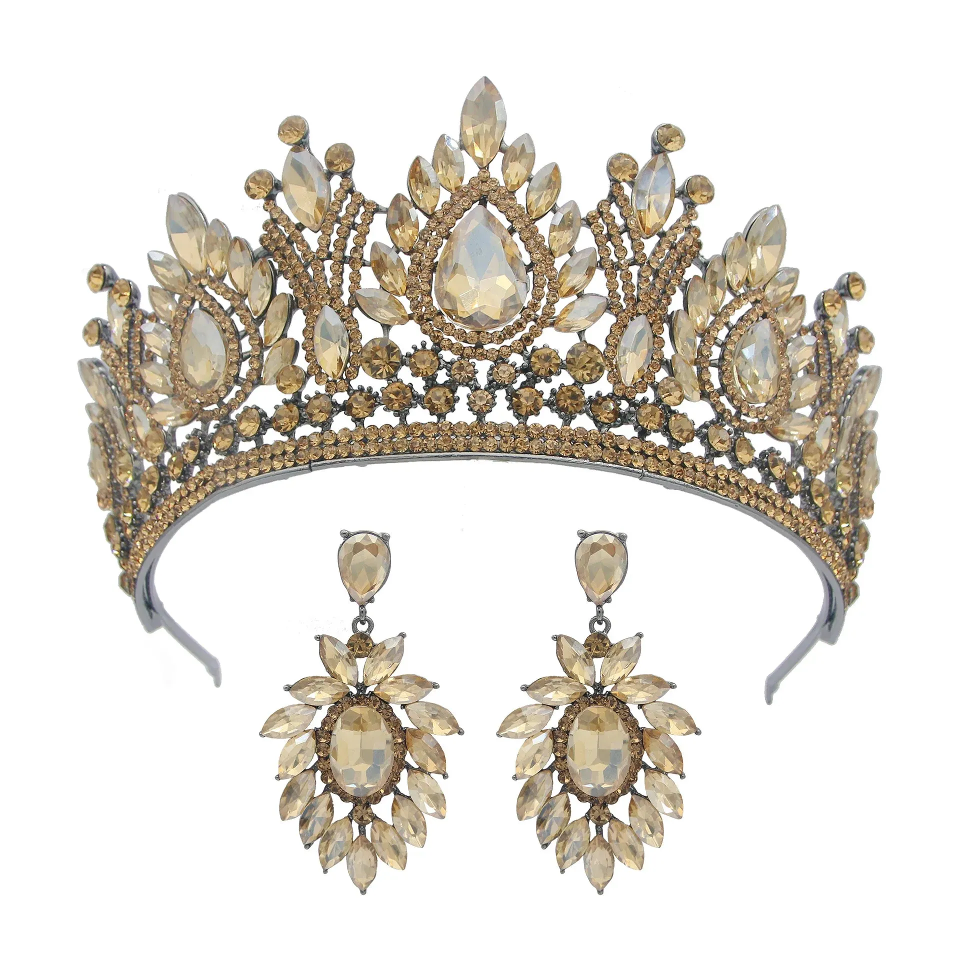 Rows of Crystal Baroque Tiara - for Quinceanera or Bridal Crown with Earrings