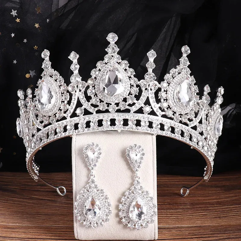 Rows of Crystal Baroque Tiara - for Quinceanera or Bridal Crown with Earrings