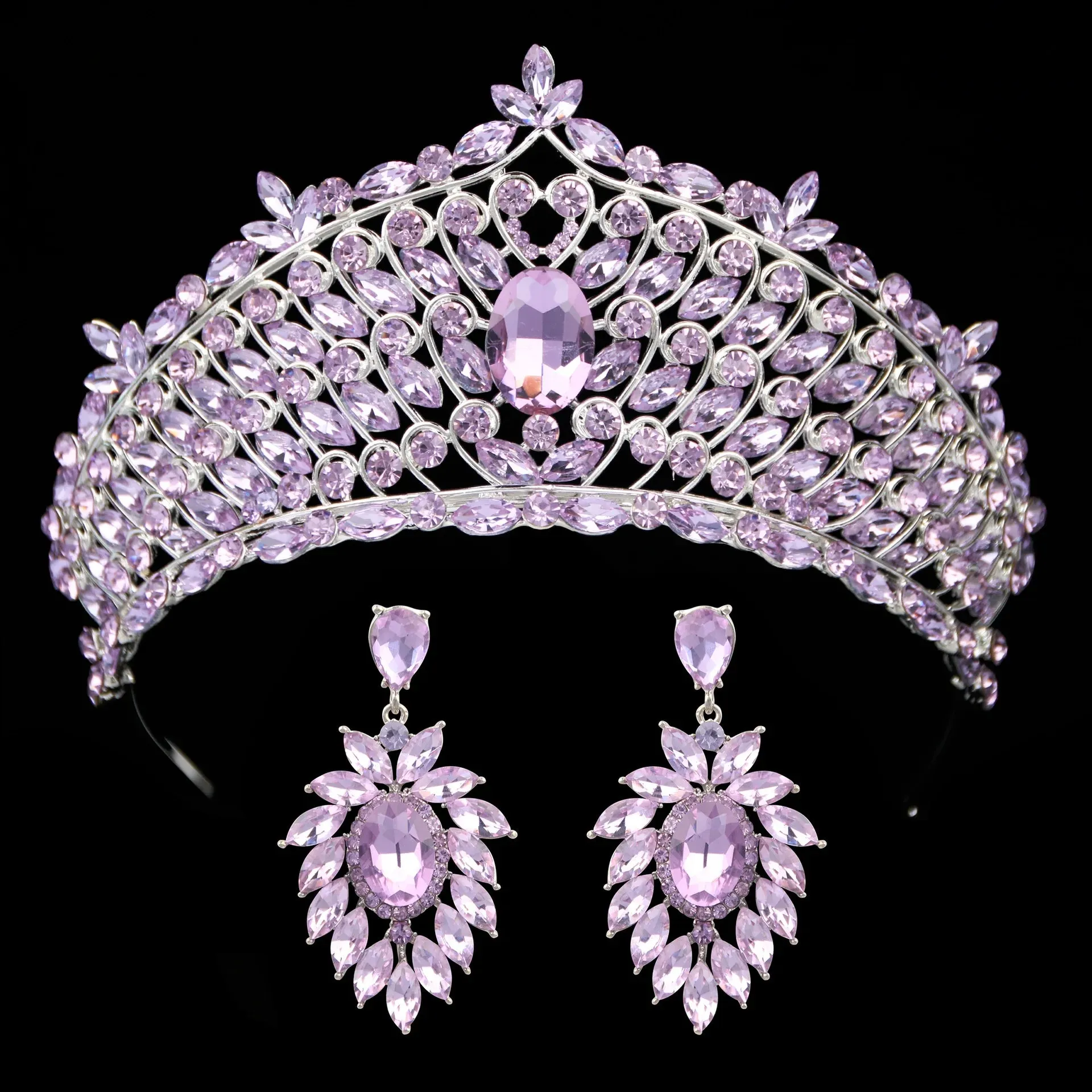 Rows of Crystal Baroque Tiara - for Quinceanera or Bridal Crown with Earrings