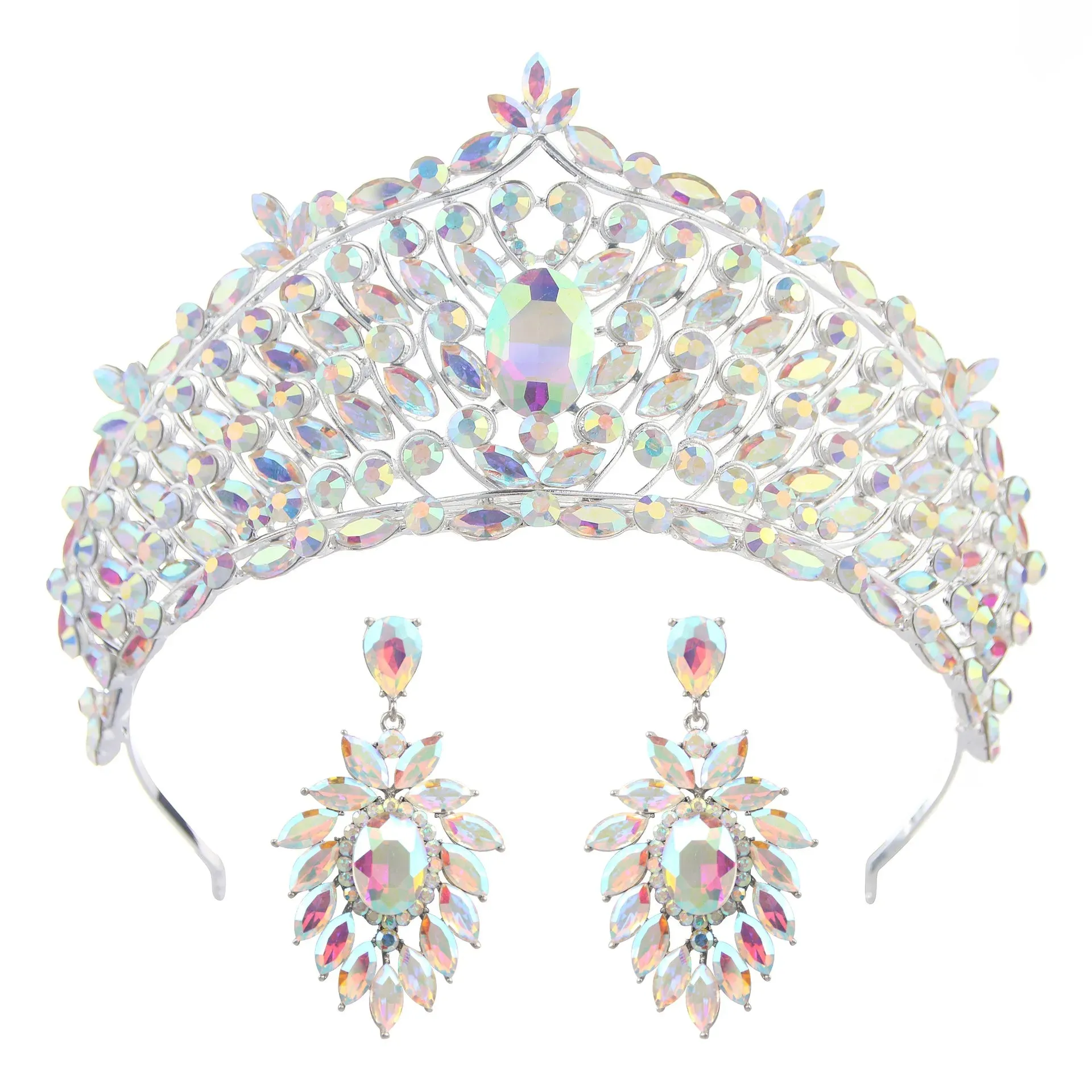 Rows of Crystal Baroque Tiara - for Quinceanera or Bridal Crown with Earrings