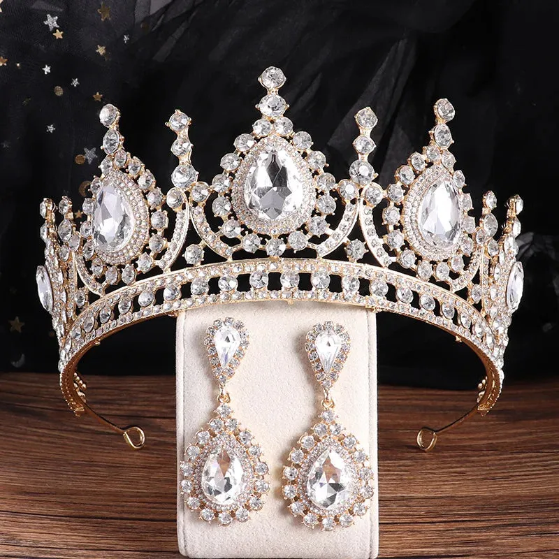 Rows of Crystal Baroque Tiara - for Quinceanera or Bridal Crown with Earrings