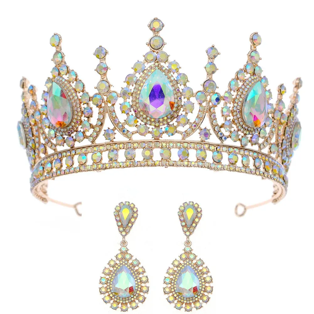 Rows of Crystal Baroque Tiara - for Quinceanera or Bridal Crown with Earrings