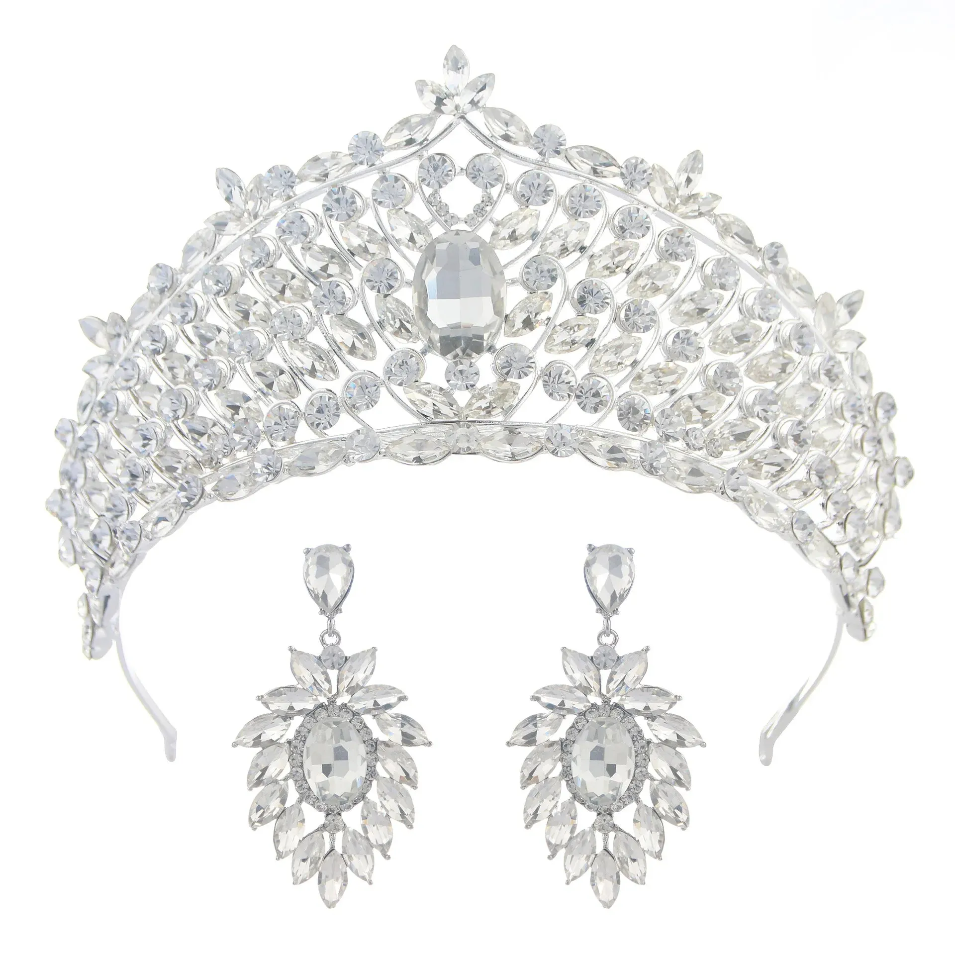 Rows of Crystal Baroque Tiara - for Quinceanera or Bridal Crown with Earrings