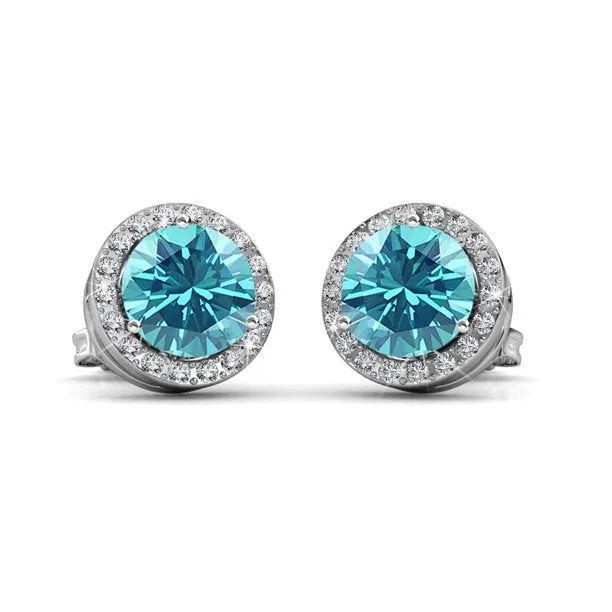 Royal 18k White Gold Plated Birthstone Halo Earrings with Round Cut Crystals