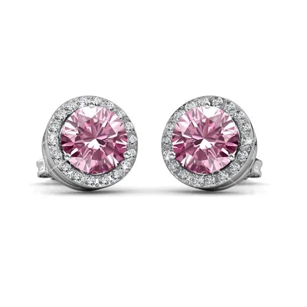 Royal 18k White Gold Plated Birthstone Halo Earrings with Round Cut Crystals