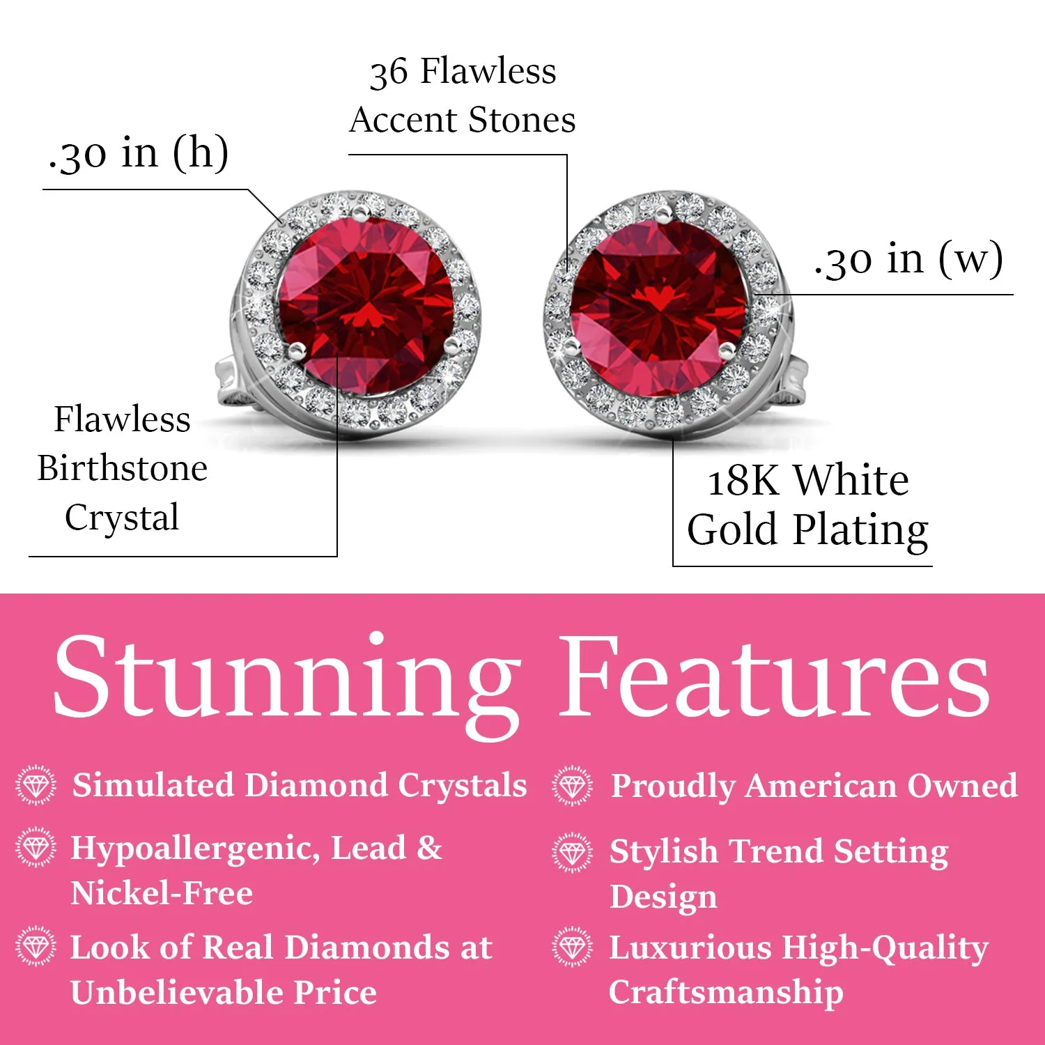 Royal 18k White Gold Plated Birthstone Halo Earrings with Round Cut Crystals