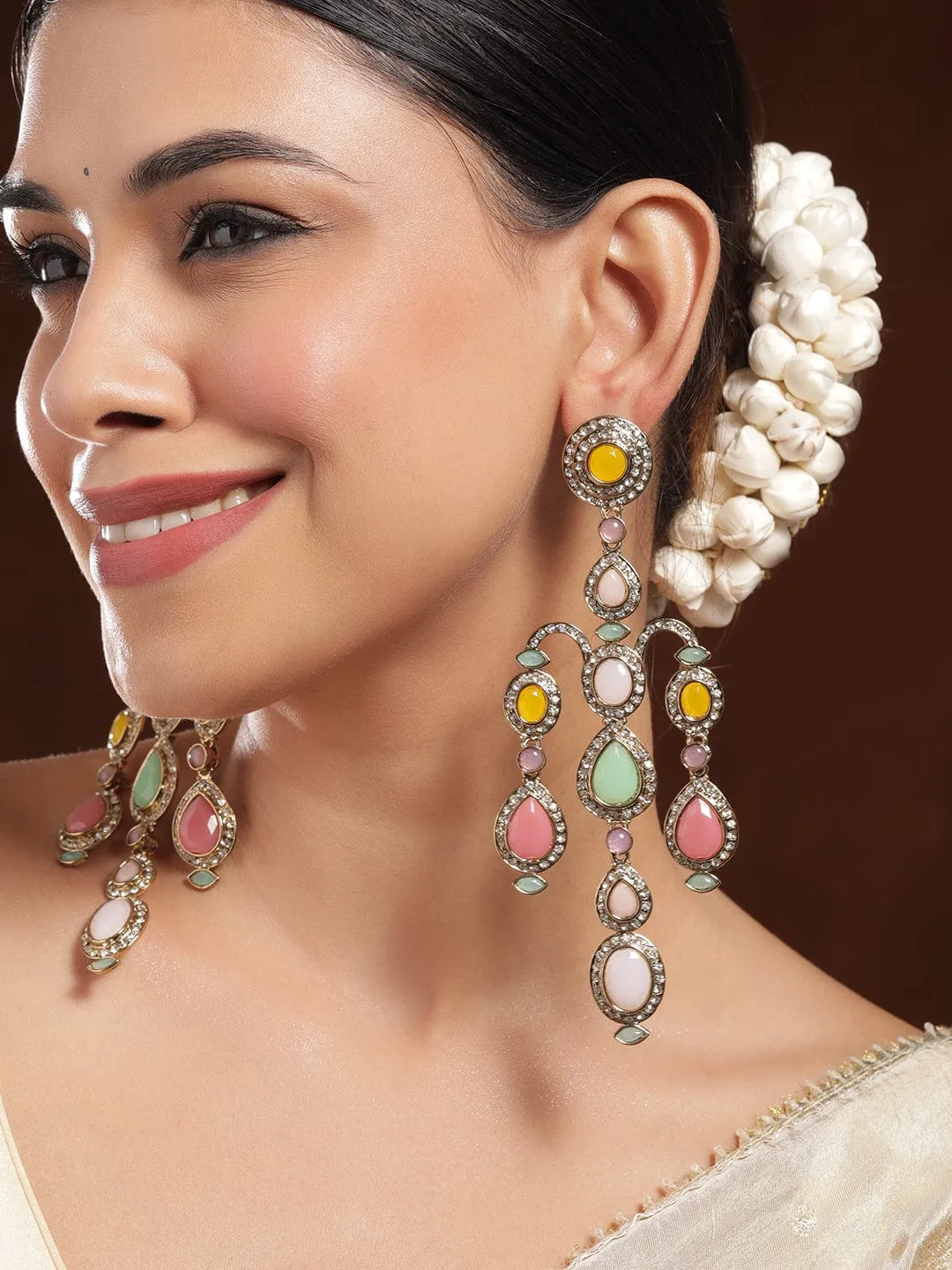 Rubans 22K Mehandi Gold-Plated Multicolor Gemstone & Zirconia Studded Chandelier Earrings