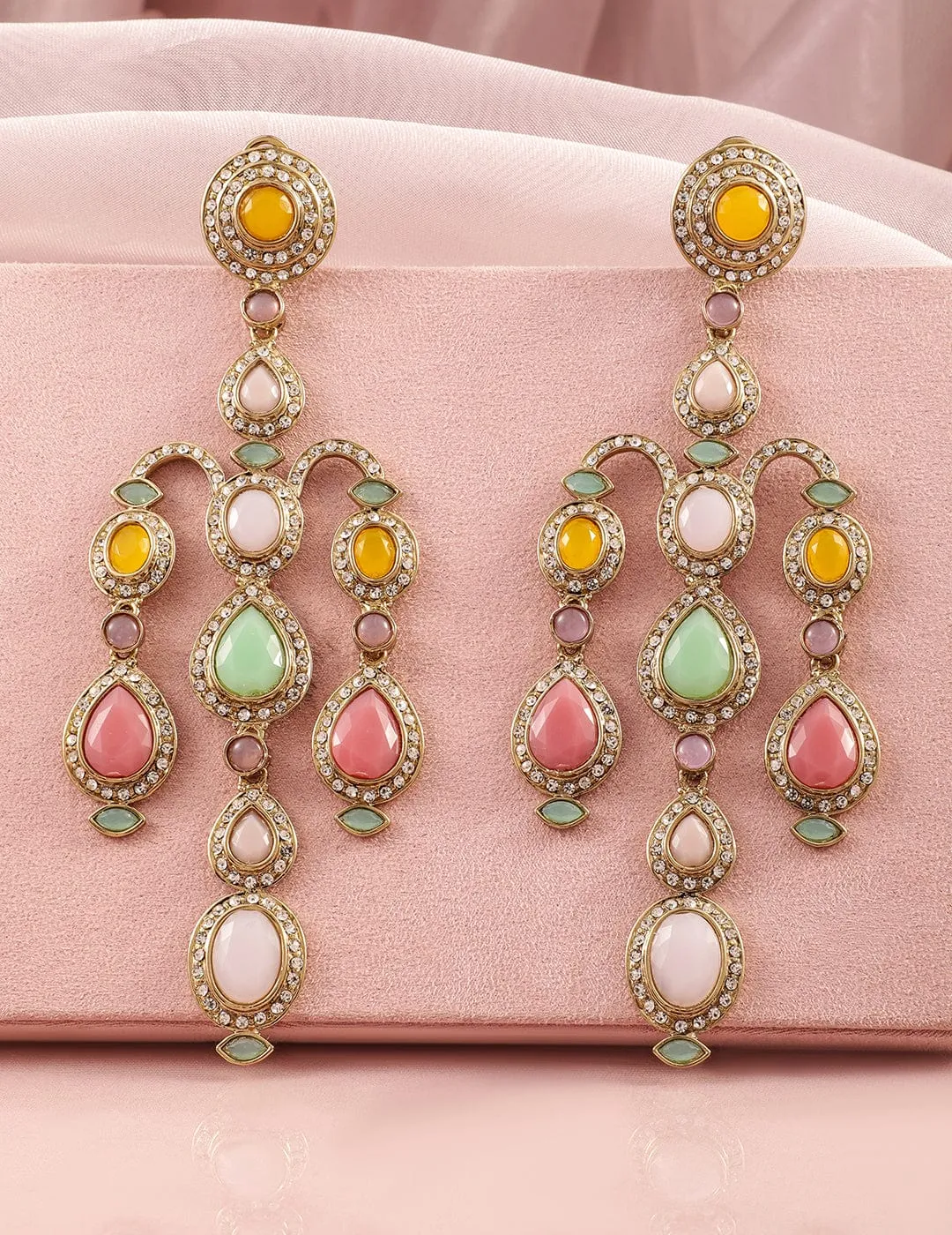 Rubans 22K Mehandi Gold-Plated Multicolor Gemstone & Zirconia Studded Chandelier Earrings