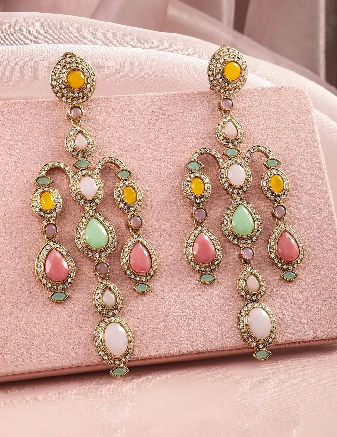 Rubans 22K Mehandi Gold-Plated Multicolor Gemstone & Zirconia Studded Chandelier Earrings