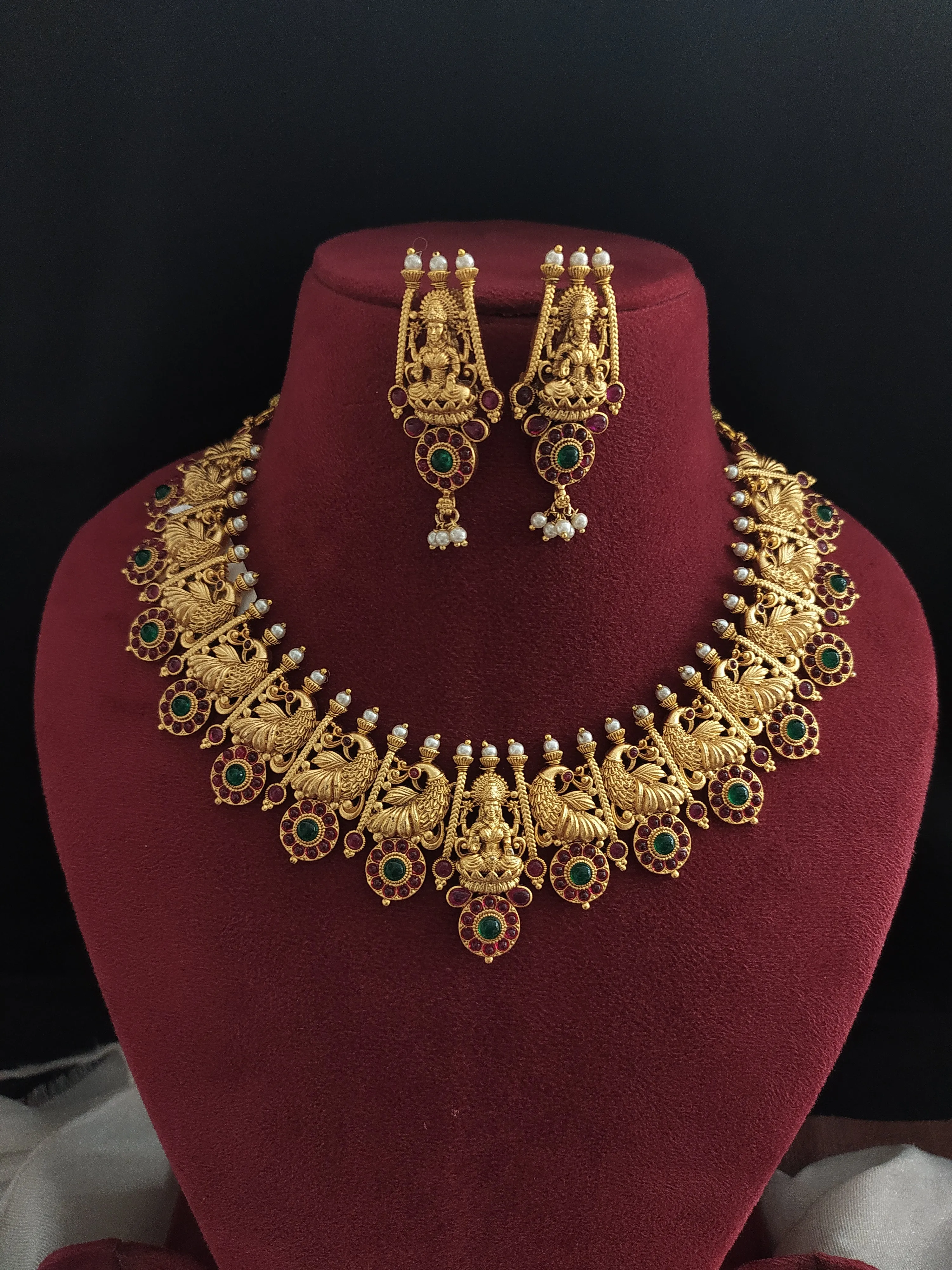 Sacred Antique Kemp Stones Lakshmi-Peacock Necklace Set