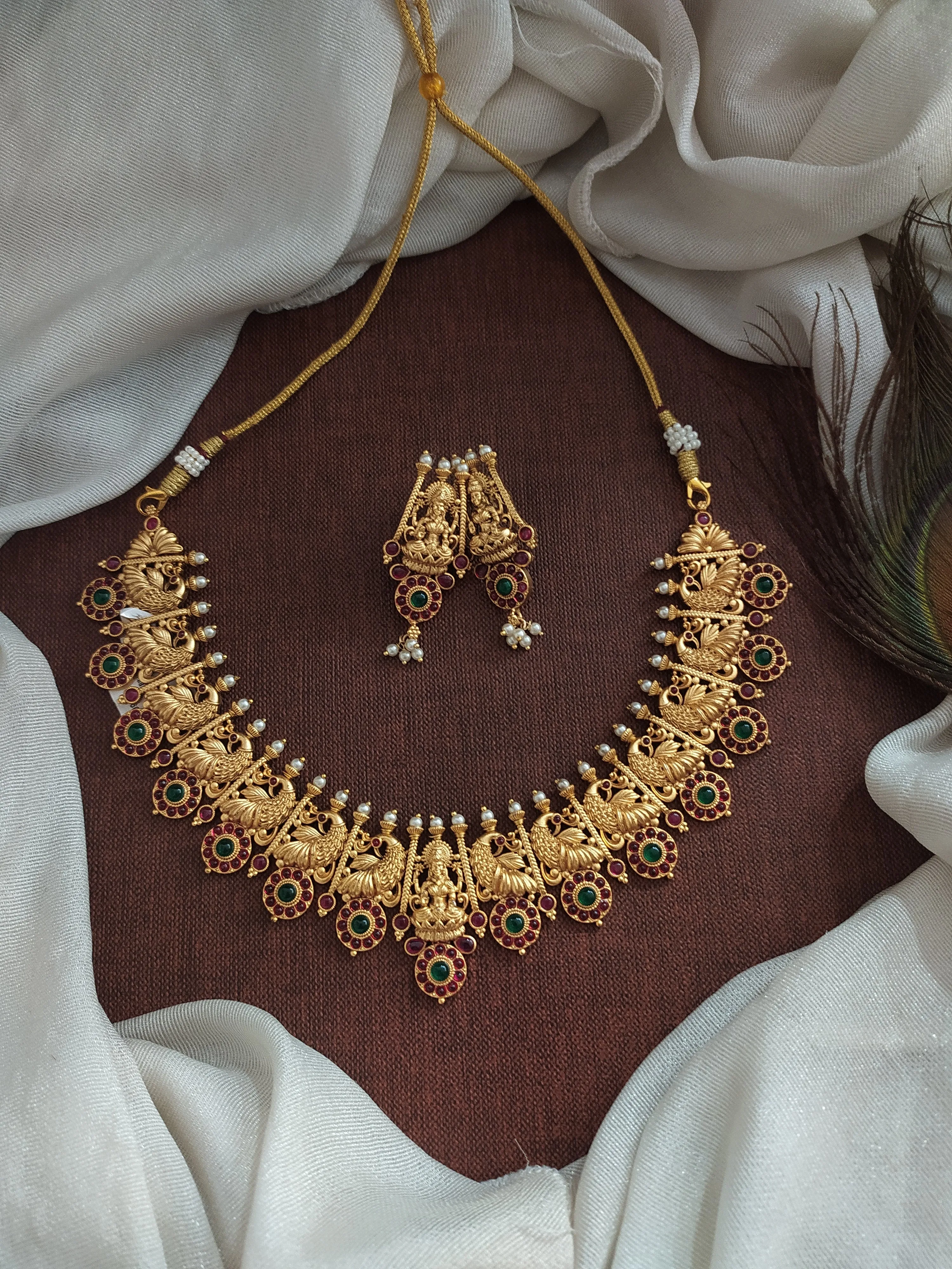 Sacred Antique Kemp Stones Lakshmi-Peacock Necklace Set