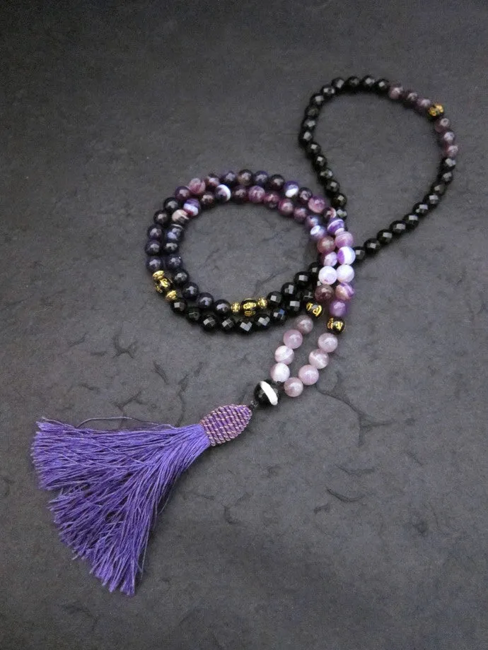 SALE - 108 Beaded Tassel Necklace in Amethyst ~Root Chakra Mala