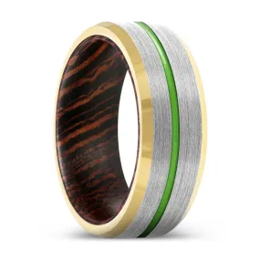 SAVANT | Wenge Wood, Silver Tungsten Ring, Green Groove, Gold Beveled Edge