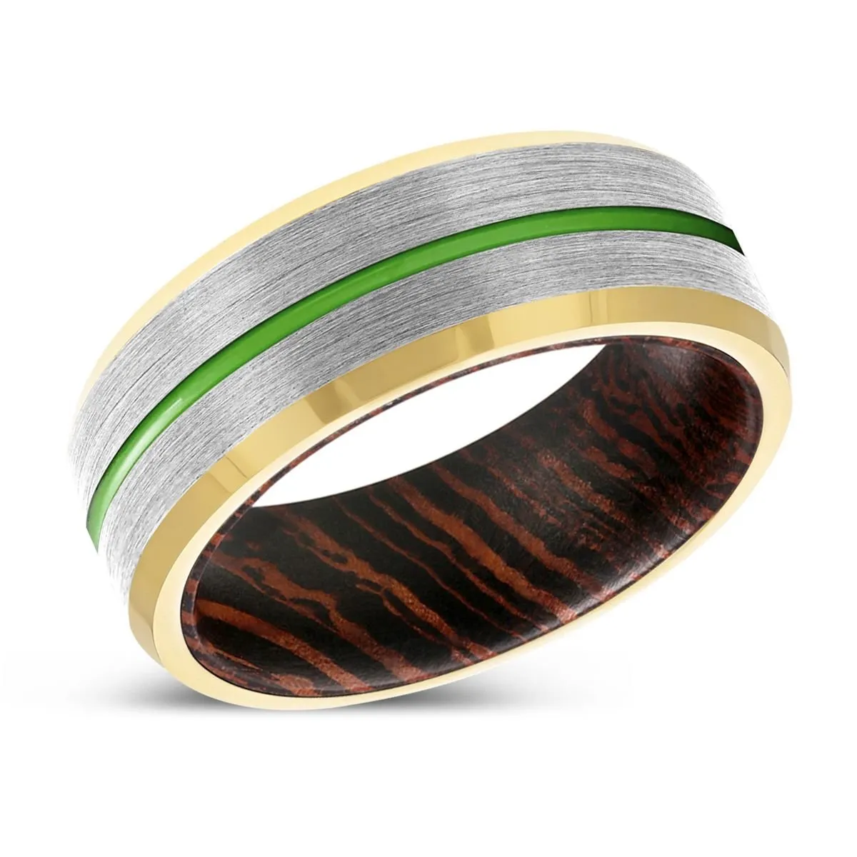 SAVANT | Wenge Wood, Silver Tungsten Ring, Green Groove, Gold Beveled Edge