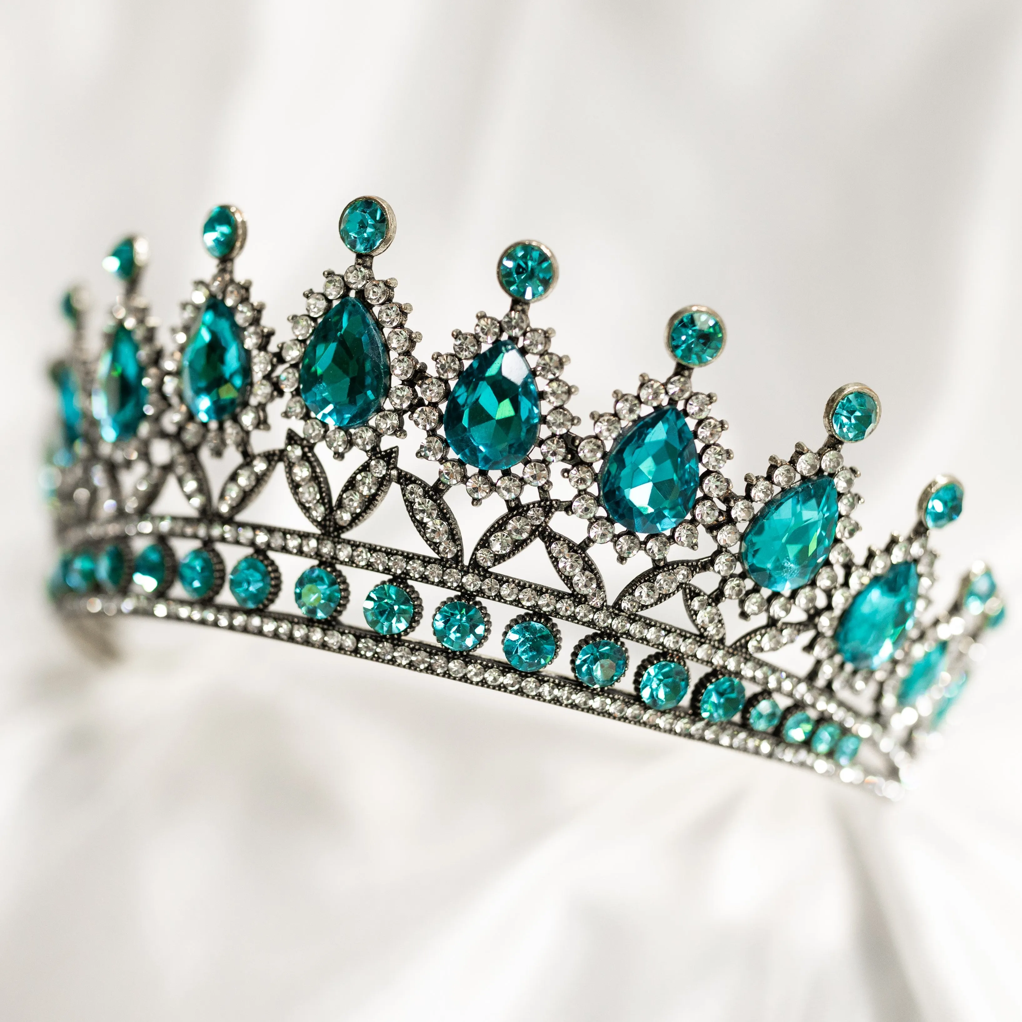 Saya's Tiara in Aquamarine Teal Blue & Antique Gold