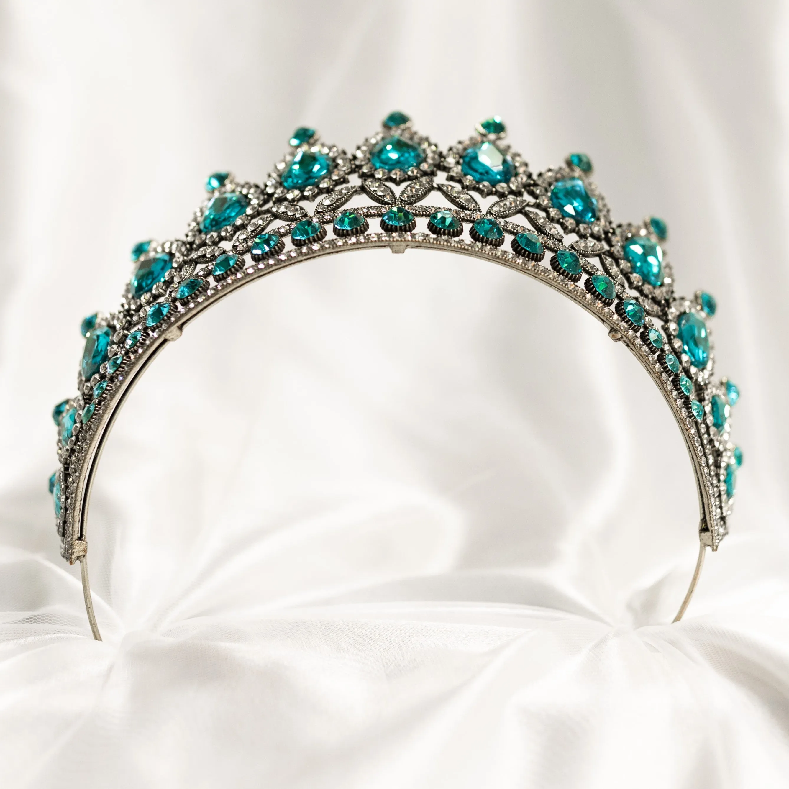 Saya's Tiara in Aquamarine Teal Blue & Antique Gold