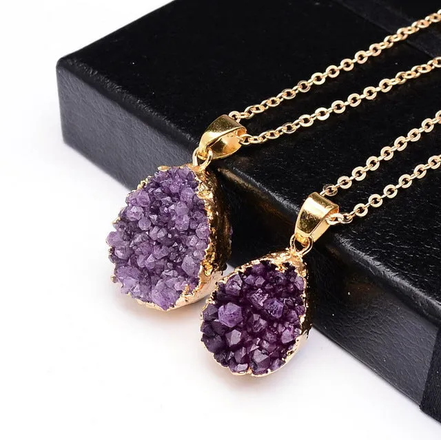 SEDmart Druzy Quartz Natural Stone Irregular Geode  Gold Color Raw nyx Stone Pendant Necklace For Women Quartz Necklace