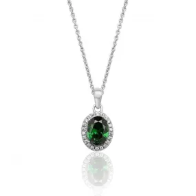 Silver & Co Oval Halo CZ Pendant | Green Stone | Claw Set Design | SPG0025EM