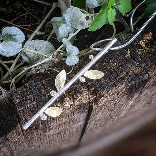 Silver and 18kt Gold Diamond Leaf Pendant