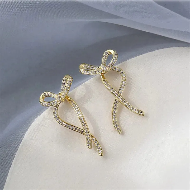 Silver Color Ribbon Bow Korean Style Rhinestone Wedding Fashion Earring